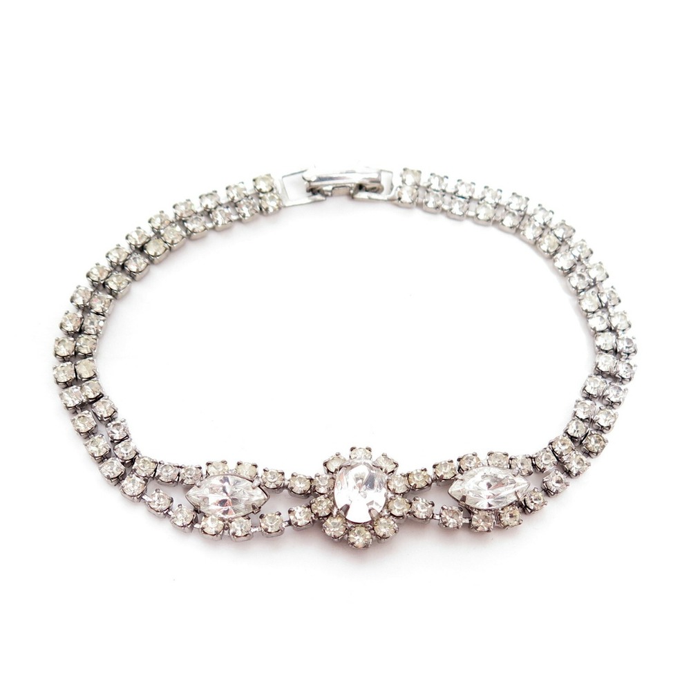 EISENBERG ICE Vintage Designer Signed‎ Clear CRYSTAL Rhinestone Silver Bracelet